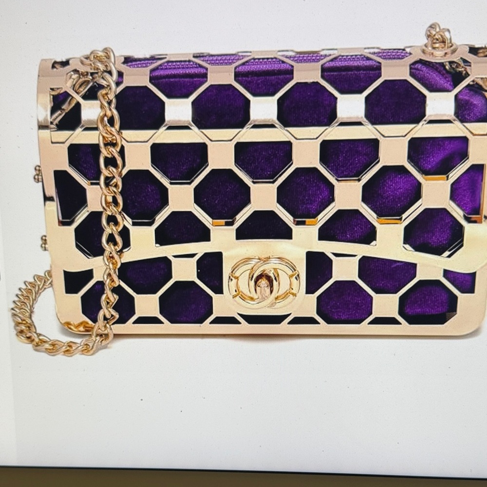 Gold-Tone Chain Shoulder Bag with Purple Inset